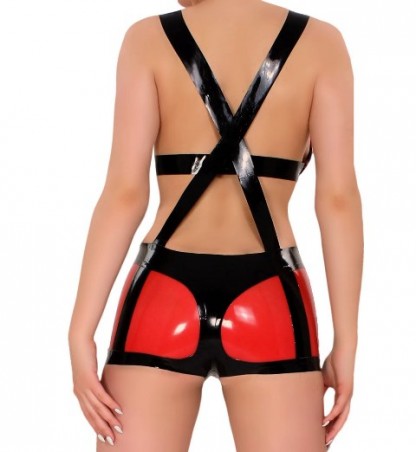 Latex Playsuit with Deep Cleavage and Red Inserts