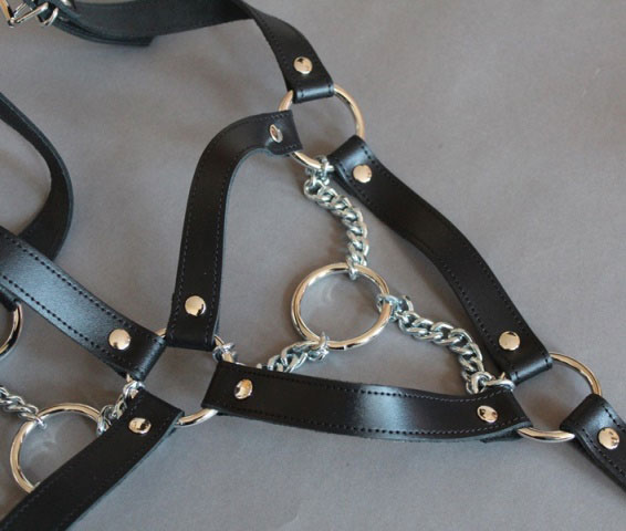 Leather and Chain Bra with Nipple Rings 