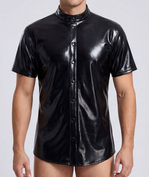 Collarless Latex Shirt with Short Sleeve