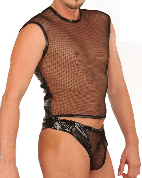 Mens Thong in PVC with Sexy Fishnet