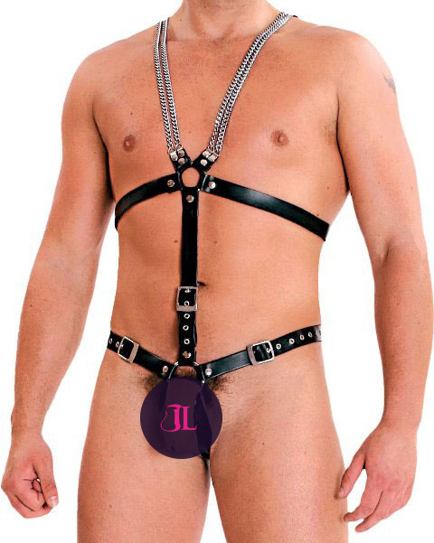 BDSM Harness in Leather & Chain with Cock Ring