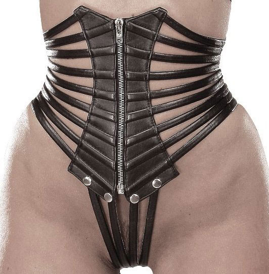 Strappy Leather Bondage Thong with Waist Cincher